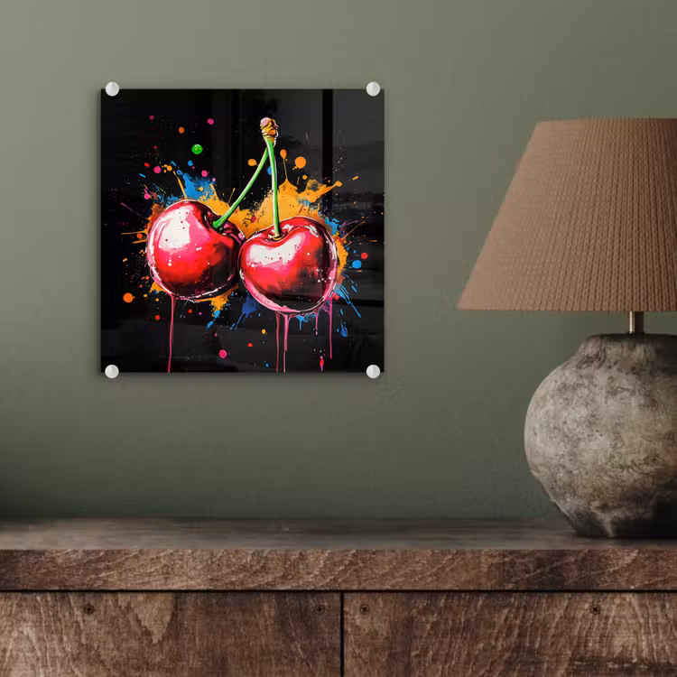 Kersen - Fruit - Graffiti - Verf - Abstract - Modern - Kleurrijk plexiglas 5mm klein -sfeer3