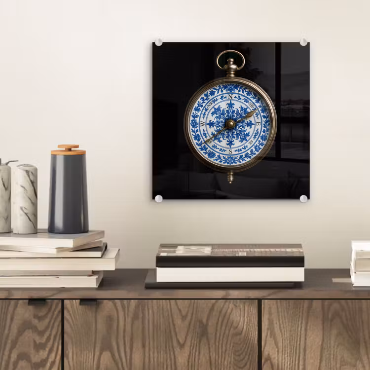Kompas - Delfts blauw - Zwart plexiglas 5mm klein -sfeer1
