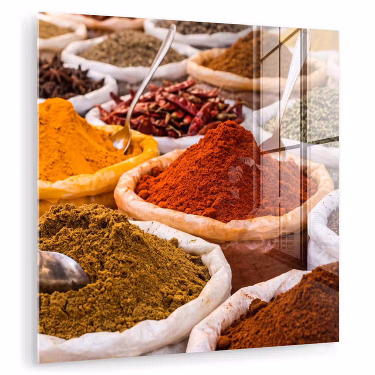 Glasbild - Kräuter – Markt – Essen - Kruiden - Markt - Eten plexiglas 5mm klein