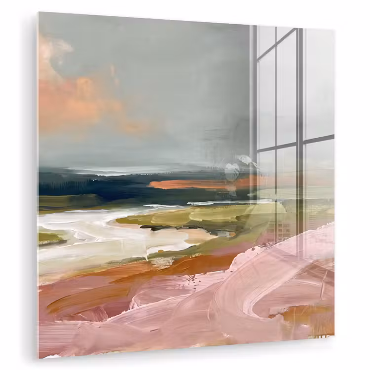 Glasbild - Landschaft – Fluss – Abstrakt – Rosa – Grün - Landschap - Rivier - Abstract - Roze - Groen plexiglas 5mm klein