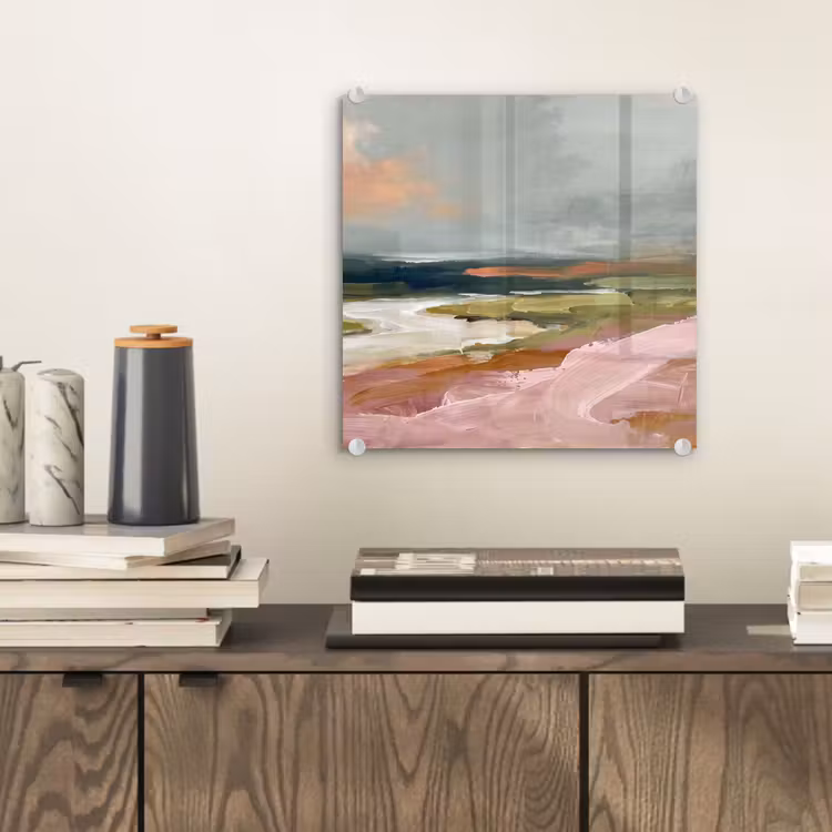 Glasbild - Landschaft – Fluss – Abstrakt – Rosa – Grün - Landschap - Rivier - Abstract - Roze - Groen plexiglas 5mm klein