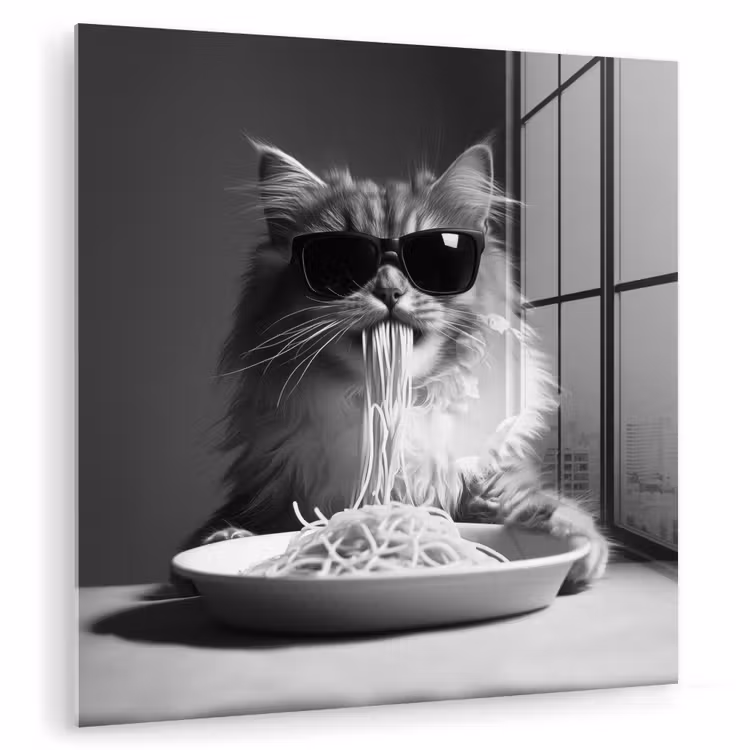 Langharige kat - Zonnebril - Spaghetti - Humor - Zwart - wit plexiglas 5mm klein -zzzproduct_nieuw