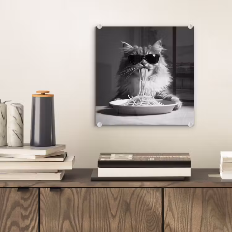 Langharige kat - Zonnebril - Spaghetti - Humor - Zwart - wit plexiglas 5mm klein -sfeer1