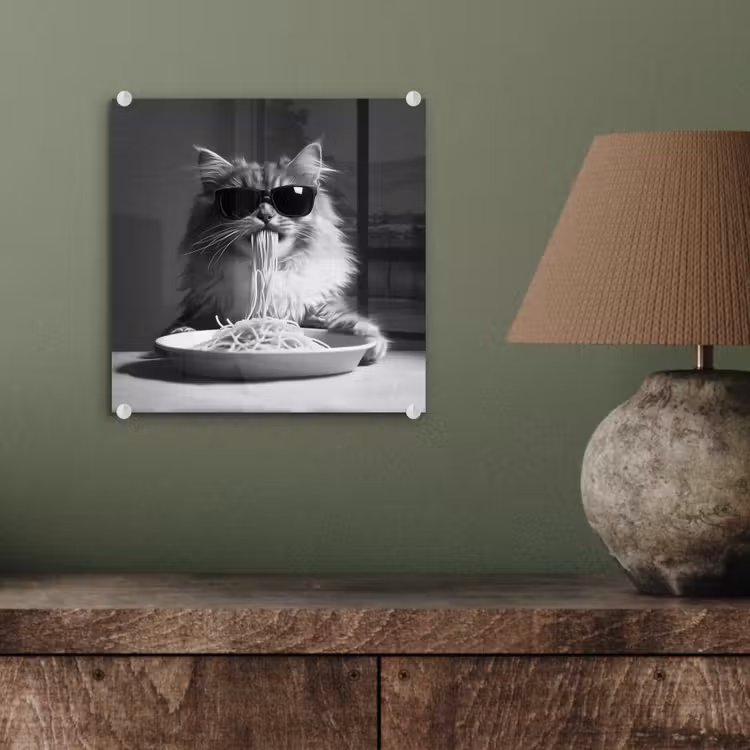 Langharige kat - Zonnebril - Spaghetti - Humor - Zwart - wit plexiglas 5mm klein -sfeer3