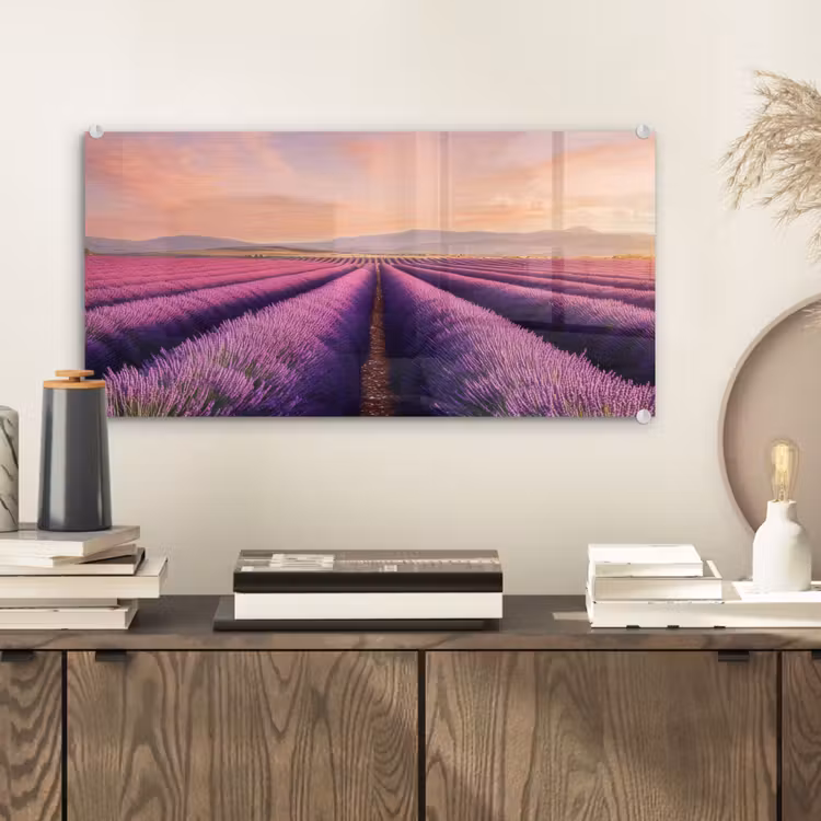 Lavendelveld - Zonsondergang - Paars - Bloemen plexiglas 5mm klein -sfeer1