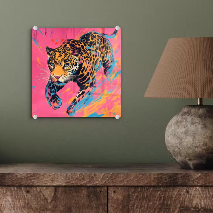 Luipaard - Roze - Oranje - Blauw - Verf plexiglas 5mm klein -sfeer3