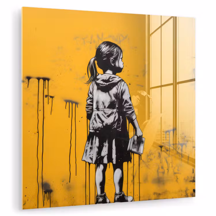 Meisje - Boek - Gele Muur - Graffiti plexiglas 5mm klein -zzzproduct_nieuw