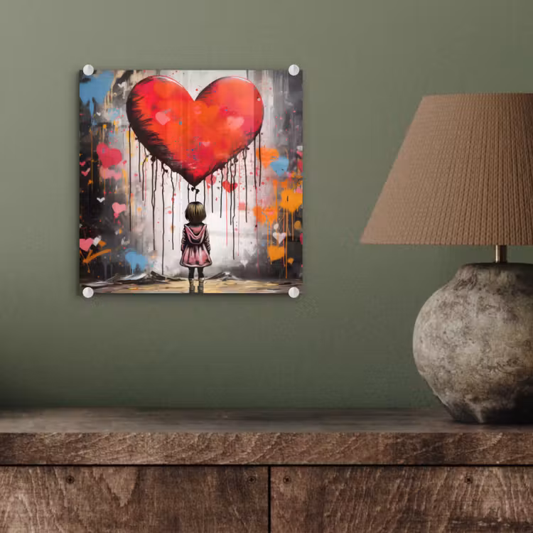 Meisje - Hart - Graffiti - Kunst - Kleuren - Rood plexiglas 5mm klein -sfeer3