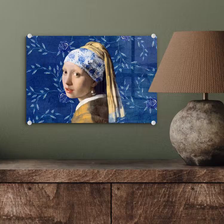 Meisje met de parel - Delfts blauw - Vermeer - Bloemen - Schilderij - Oude meesters plexiglas 5mm klein -sfeer3