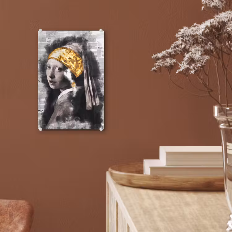 Meisje met de parel - Johannes Vermeer - Krant - Goud plexiglas 5mm klein -sfeer5