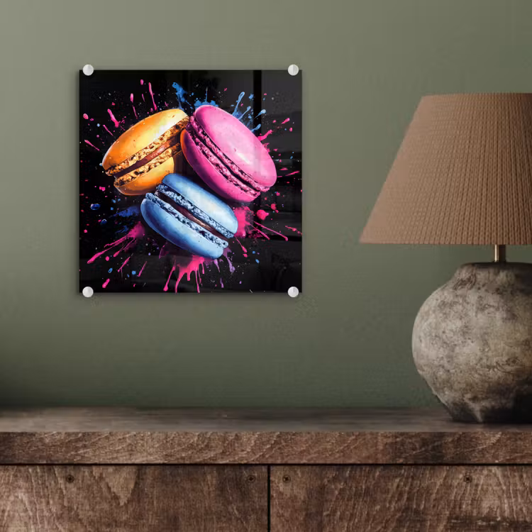 Macarons - Dessert - Graffiti - Kleurrijk - Roze - Blauw - Geel plexiglas 5mm klein -sfeer3