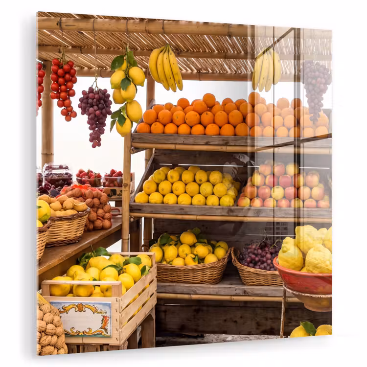 Glasbild - Marktstand – Obst – Frisch - Marktkraam - Fruit - Vers plexiglas 5mm klein