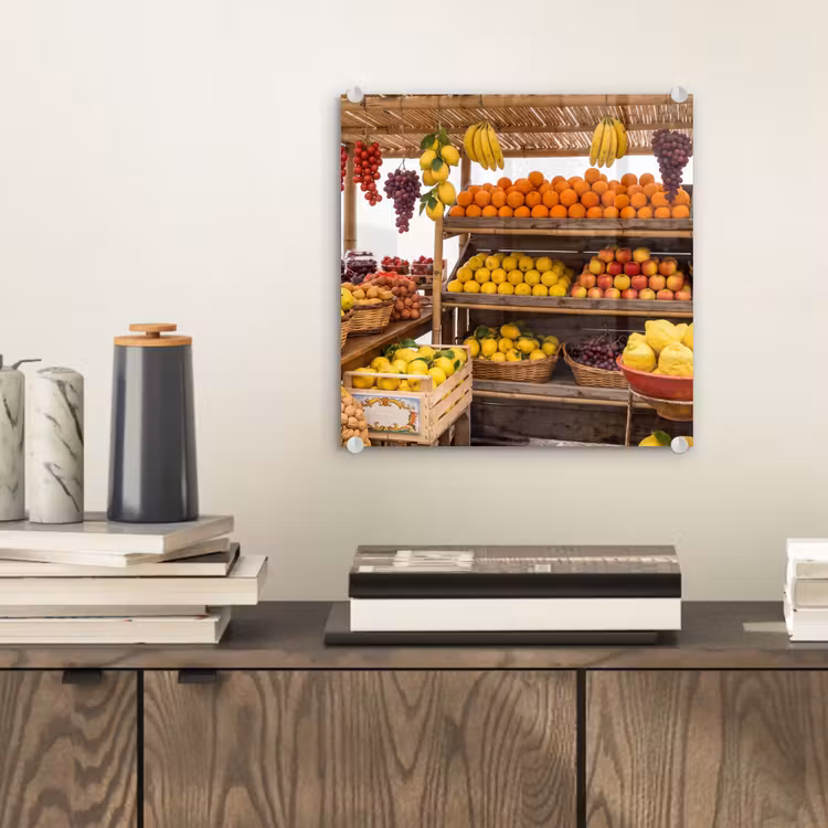 Glasbild - Marktstand – Obst – Frisch - Marktkraam - Fruit - Vers plexiglas 5mm klein