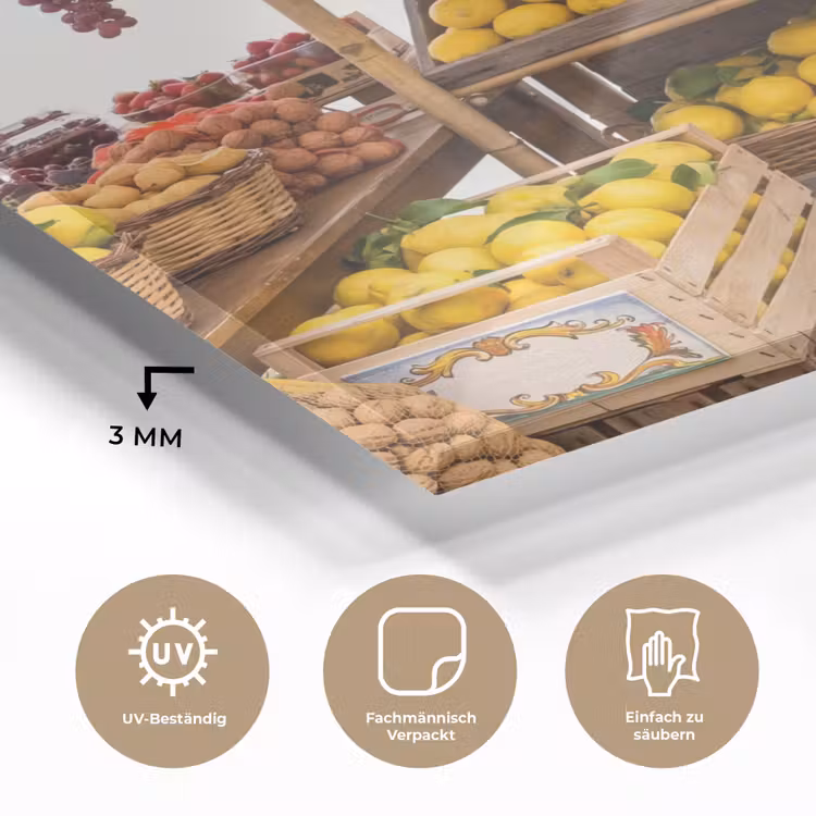 Glasbild - Marktstand – Obst – Frisch - Marktkraam - Fruit - Vers plexiglas 5mm klein