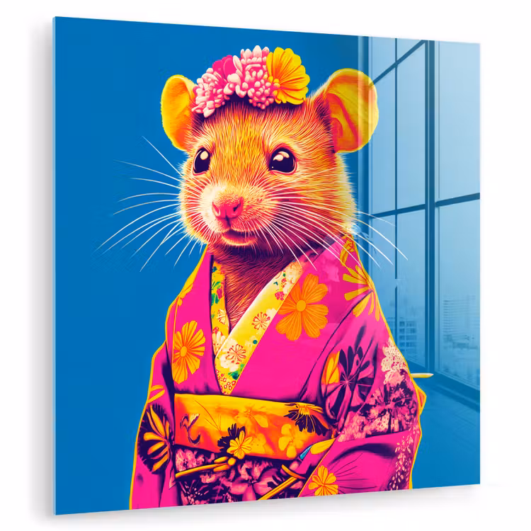 Muis - Kimono - Bloemen - Blauw plexiglas 5mm klein -zzzproduct_nieuw