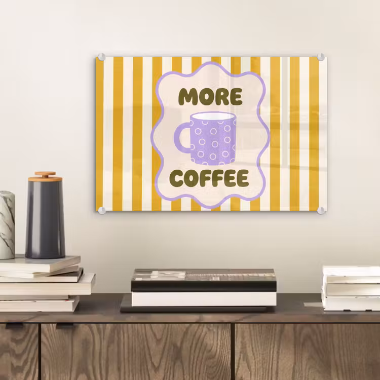 More coffee - Geel - Paars - Strepen - Mok plexiglas 5mm klein -sfeer1