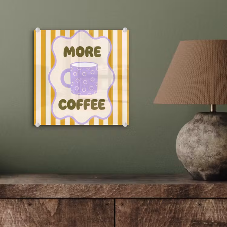 More coffee - Geel - Paars - Strepen - Mok plexiglas 5mm klein -sfeer3