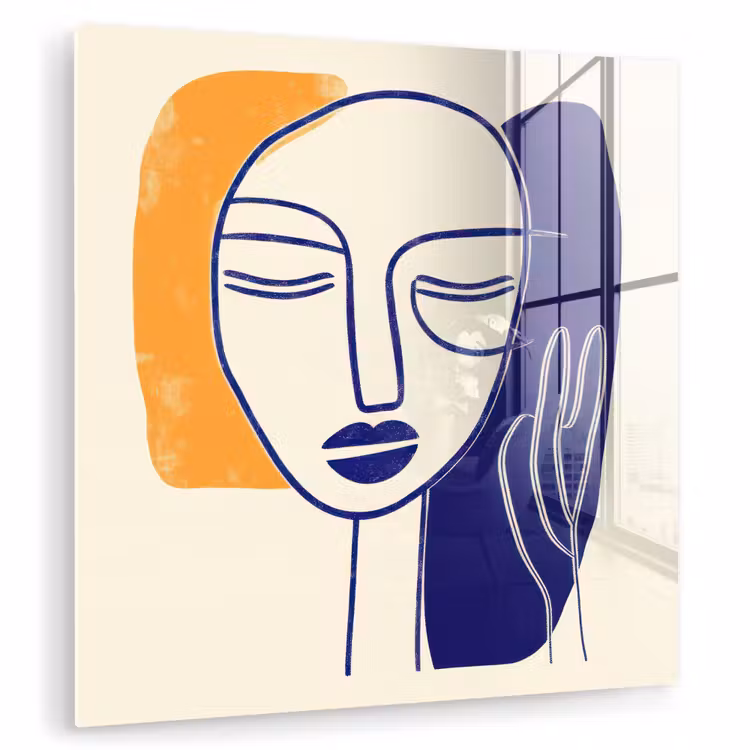 Minimalistisch - Gezicht - Hand - Oranje - Blauw plexiglas 5mm klein -zzzproduct_nieuw