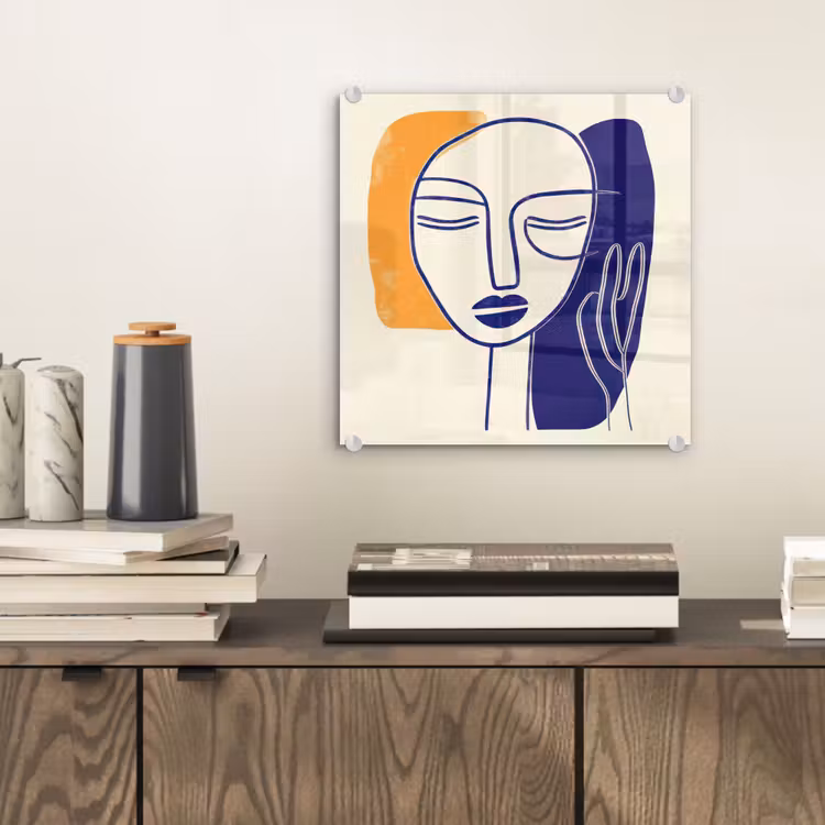 Minimalistisch - Gezicht - Hand - Oranje - Blauw plexiglas 5mm klein -sfeer1