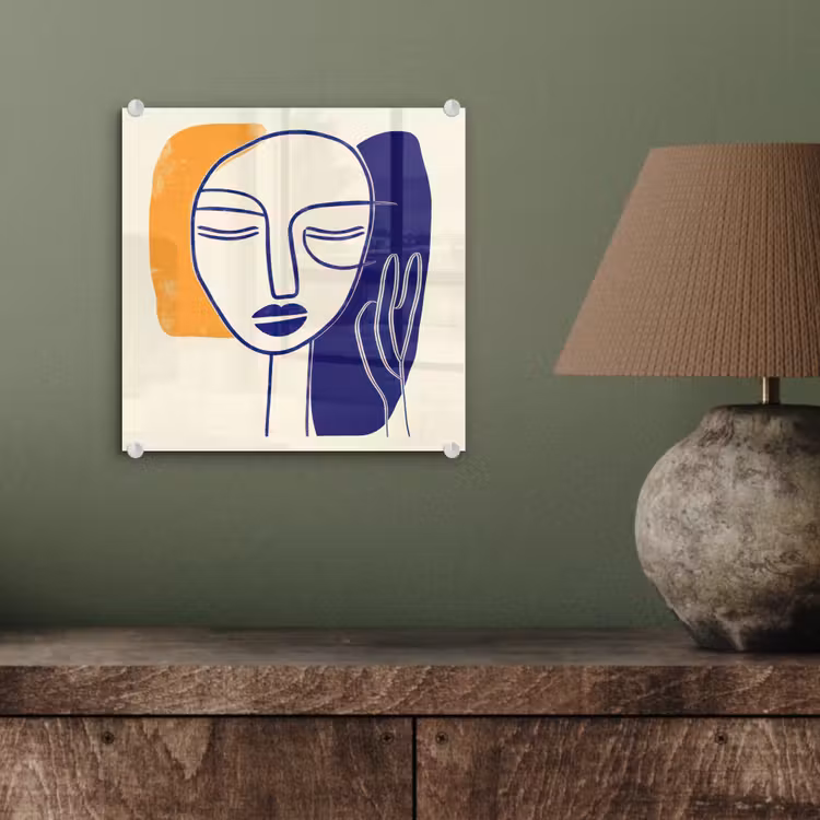 Minimalistisch - Gezicht - Hand - Oranje - Blauw plexiglas 5mm klein -sfeer3