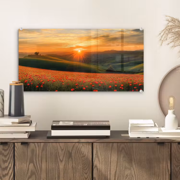 Klaprozen - Bloemen - Heuvels - Zonsondergang plexiglas 5mm klein -sfeer1