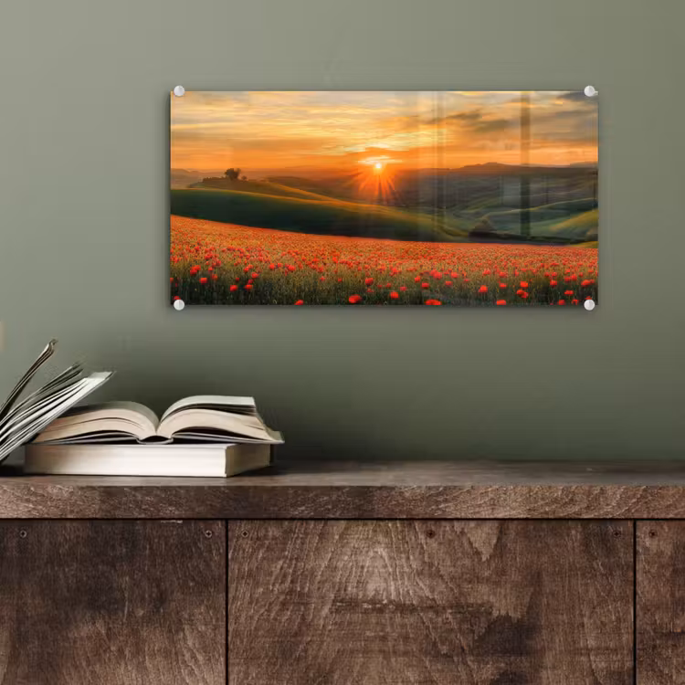 Klaprozen - Bloemen - Heuvels - Zonsondergang plexiglas 5mm klein -sfeer3