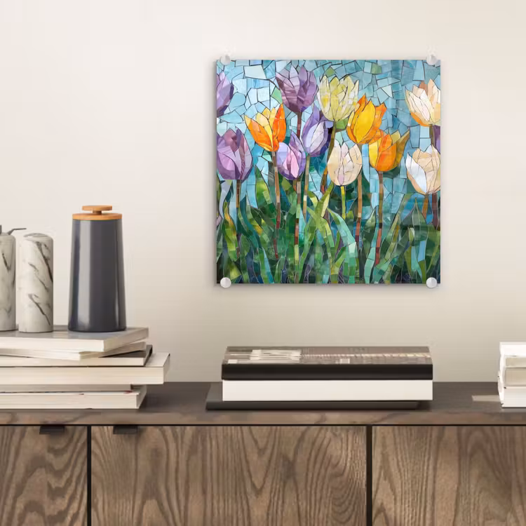 Mozaïek - Veld - Tulpen - Kleurrijk plexiglas 5mm klein -sfeer1