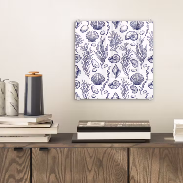 Schelpen - Zeewier - Oceaan - Illustratie - Blauw plexiglas 5mm klein -sfeer1