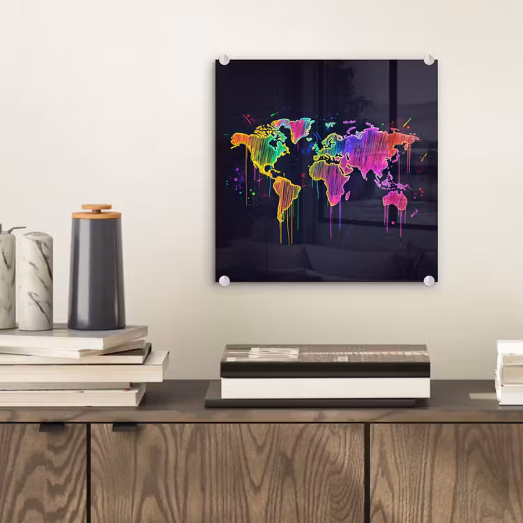 Neon - Wereldkaart - Kleur - Drip plexiglas 5mm klein -sfeer1