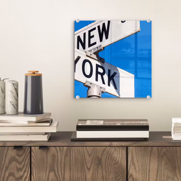 Glasbild - New York – Straßenschild – Stadt – Urban – Blau - New York - Straatbord - Stad - Urban - Blauw plexiglas 5mm klein