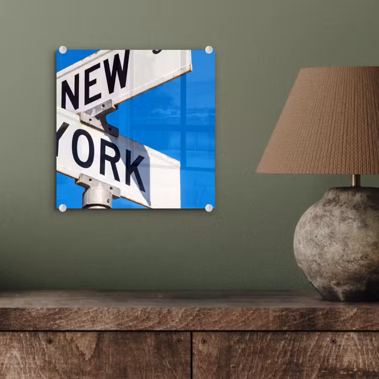 Glasbild - New York – Straßenschild – Stadt – Urban – Blau - New York - Straatbord - Stad - Urban - Blauw plexiglas 5mm klein