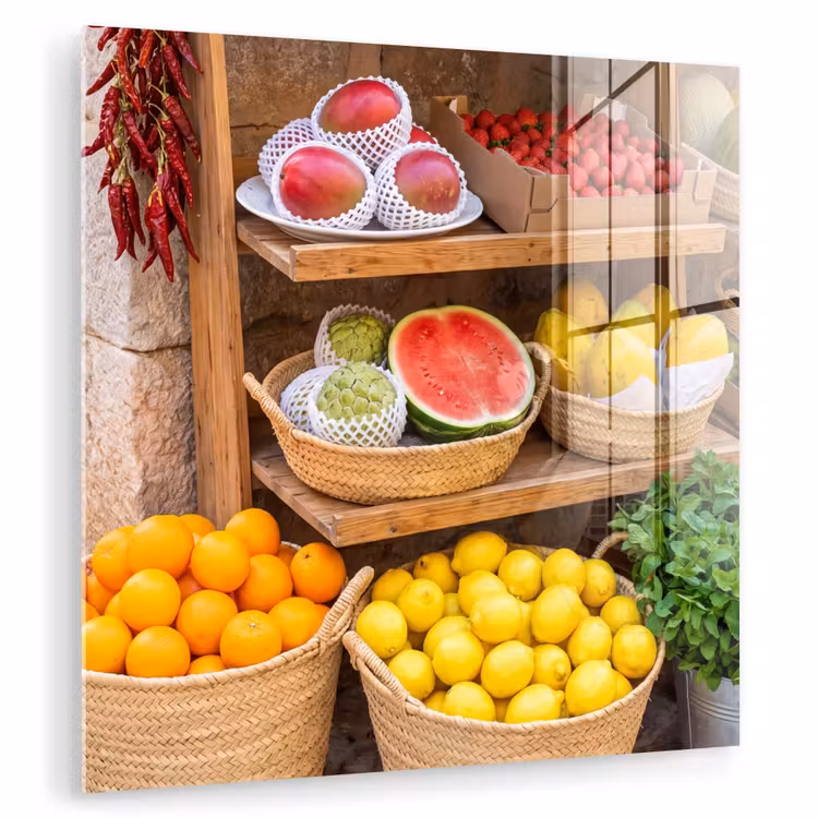 Glasbild - Obst – Markt – Frisch - Fruit - Markt - Vers plexiglas 5mm klein
