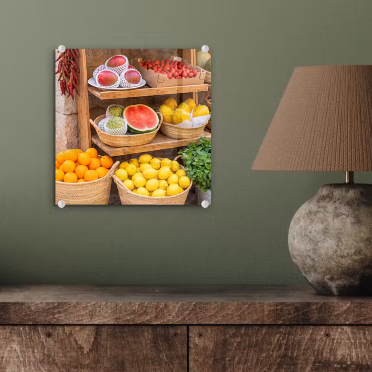 Glasbild - Obst – Markt – Frisch - Fruit - Markt - Vers plexiglas 5mm klein