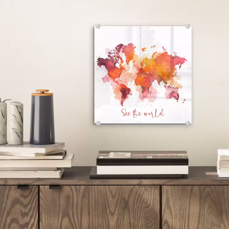 Oranje - Aquarel - Quote - Wereldkaart plexiglas 5mm klein -sfeer1
