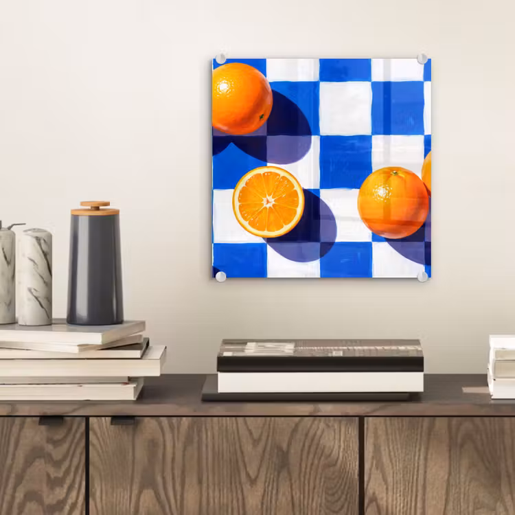 Glasbild - Orange – Kariert – Essen - Sinaasappel - Geruit - Eten plexiglas 5mm klein