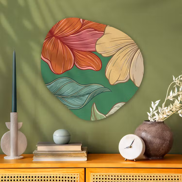 Glasbild Organische Form - Blumen – Grün – Illustration - Bloemen - Groen - Illustratie Wandcirkel Organisch Plexiglas middel