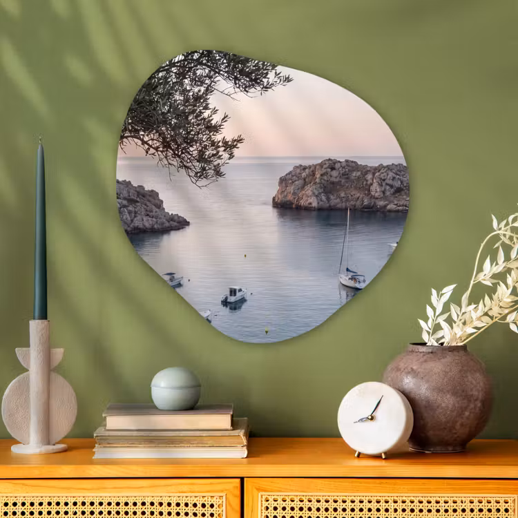 Glasbild Organische Form - Bucht – Boote – Sonnenuntergang - Baai - boten - zonsondergang Wandcirkel Organisch Plexiglas middel