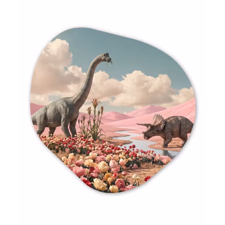 Glasbild Organische Form - Dinosaurier – Rosa – Landschaft - Dinosaurus - Roze - Landschap Wandcirkel Organisch Plexiglas middel