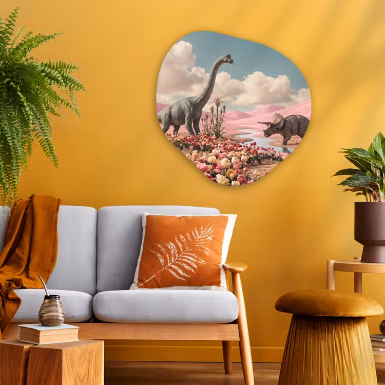 Glasbild Organische Form - Dinosaurier – Rosa – Landschaft - Dinosaurus - Roze - Landschap Wandcirkel Organisch Plexiglas middel