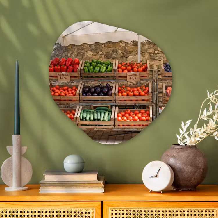 Glasbild Organische Form - Essen – Markt – Frisch - Eten - Markt - Vers Wandcirkel Organisch Plexiglas middel