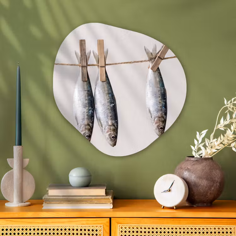 Glasbild Organische Form - Fisch – Hängend – Essen - Vis - Hangend - Eten Wandcirkel Organisch Plexiglas middel