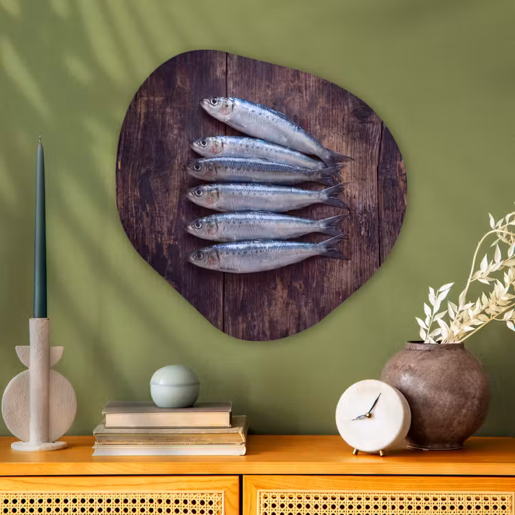 Glasbild Organische Form - Fisch – Holz – Essen - Vis - Hout - Eten Wandcirkel Organisch Plexiglas middel