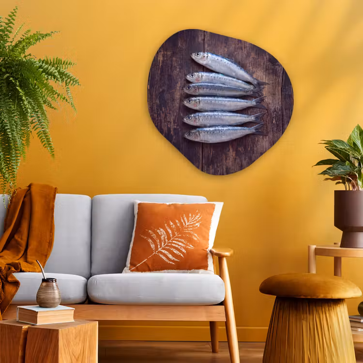 Glasbild Organische Form - Fisch – Holz – Essen - Vis - Hout - Eten Wandcirkel Organisch Plexiglas middel