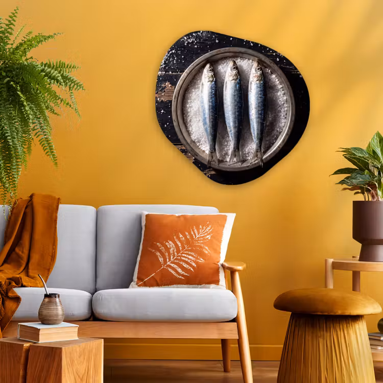 Glasbild Organische Form - Fisch – Salz – Essen - Vis - Zout - Eten Wandcirkel Organisch Plexiglas middel