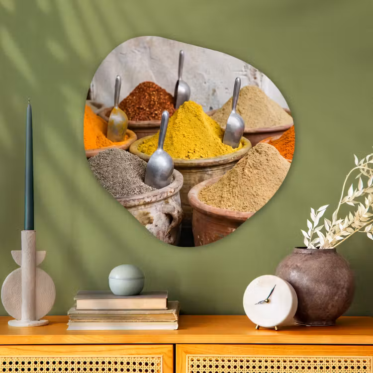 Glasbild Organische Form - Gewürze – Gläser – Orientalisch - Kruiden - Potten - Oosters Wandcirkel Organisch Plexiglas middel