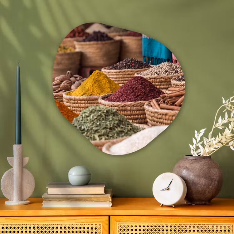 Glasbild Organische Form - Gewürze – Körbe – Orientalisch - Kruiden - Manden - Oosters Wandcirkel Organisch Plexiglas middel