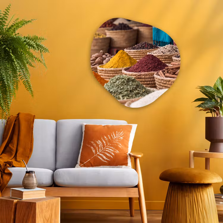 Glasbild Organische Form - Gewürze – Körbe – Orientalisch - Kruiden - Manden - Oosters Wandcirkel Organisch Plexiglas middel