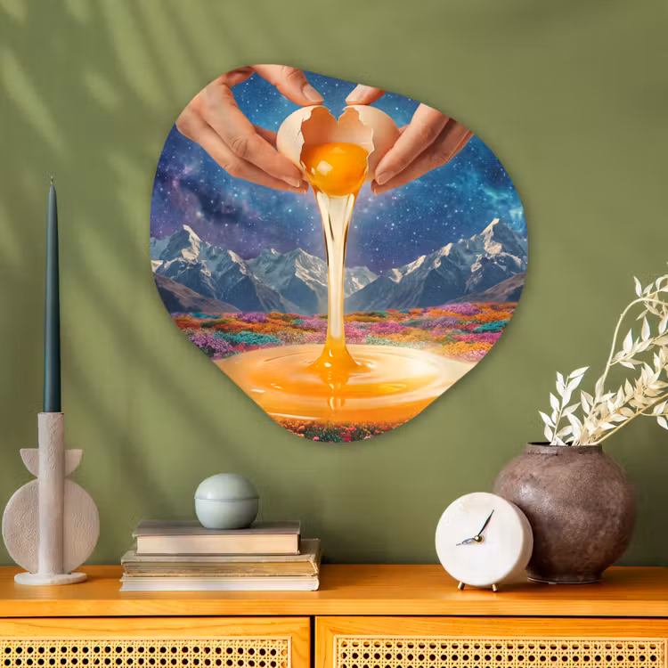 Glasbild Organische Form - Hände – Ei – Surrealismus - Handen - Ei - Surrealisme Wandcirkel Organisch Plexiglas middel