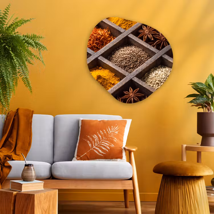 Glasbild Organische Form - Kräuter – Holz – Essen - Kruiden - Houten - Eten Wandcirkel Organisch Plexiglas middel