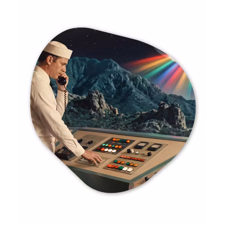 Glasbild Organische Form - Mann – Kontrollraum – Strand - Man - Controlekamer - Strand Wandcirkel Organisch Plexiglas middel